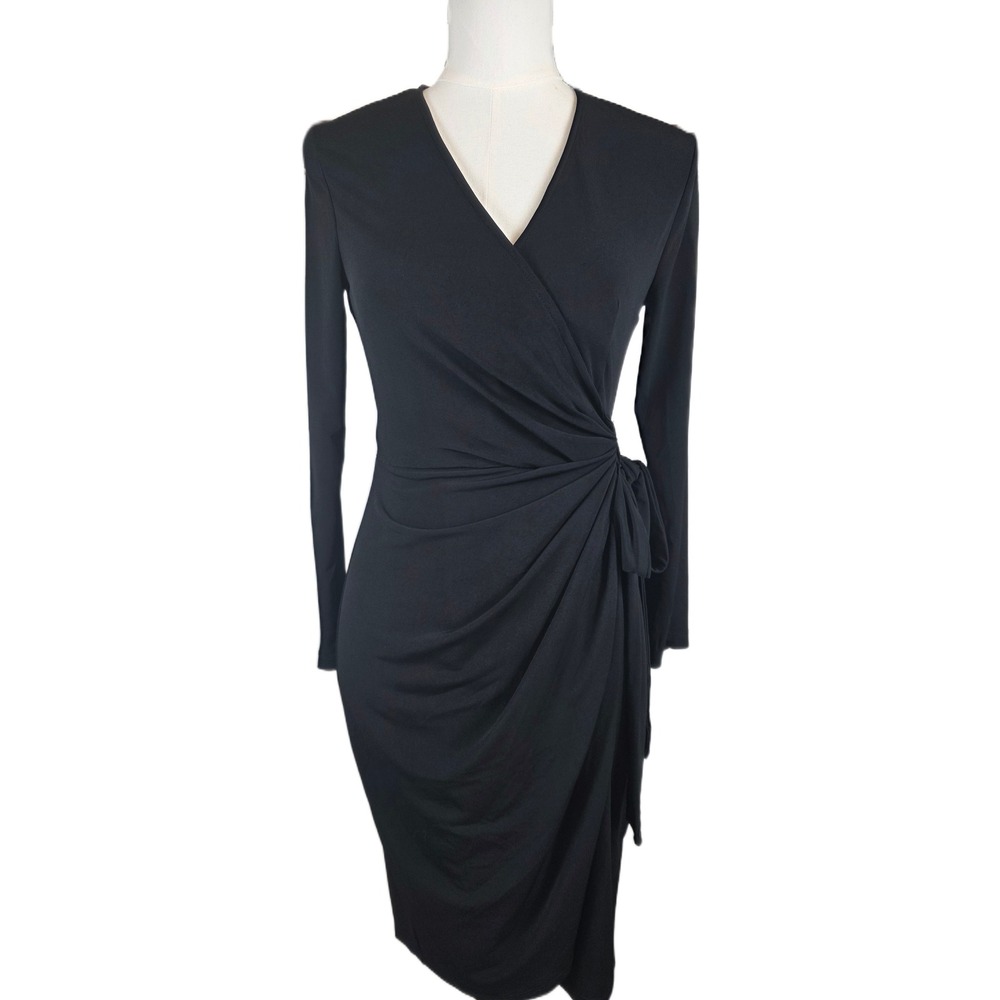 Maggy London Black Long Sleeve Ruched V-Neck Dress w/Side Tie